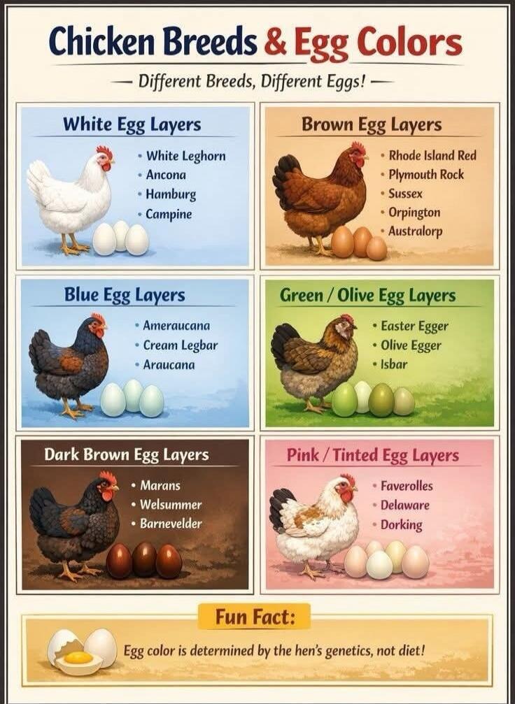 Chicken Breeds & Egg Colors — Different Breeds, Different Eggs! White Egg Layers: White Leghorn, Ancona, Hamburg, Campine. Brown Egg Layers: Rhode Island Red, Plymouth Rock, Sussex, Orpington, Australorp. Blue Egg Layers: Ameraucana, Cream Legbar, Araucana. Green / Olive Egg Layers: Easter Egger, Olive Egger, Isbar. Dark Brown Egg Layers: Marans, W