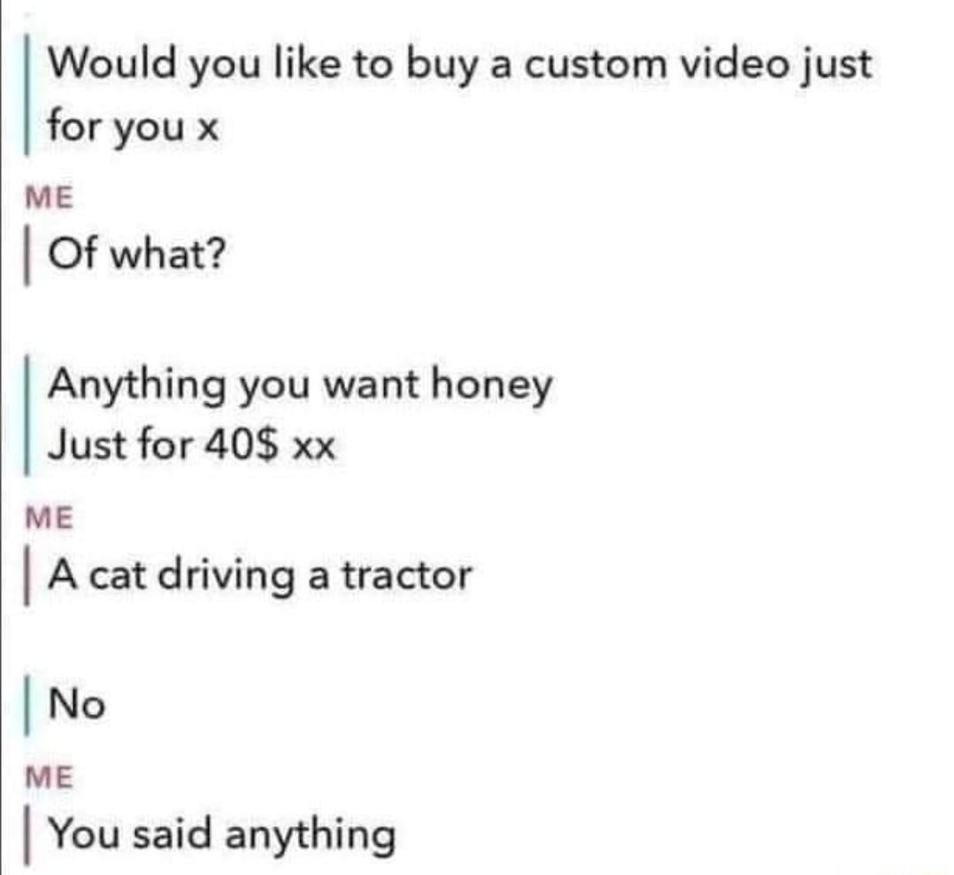 Would you like to buy a custom video just for you x ME Of what Anything you want honey Just for 408 xx ME A cat driving a tractor No ME You said anything