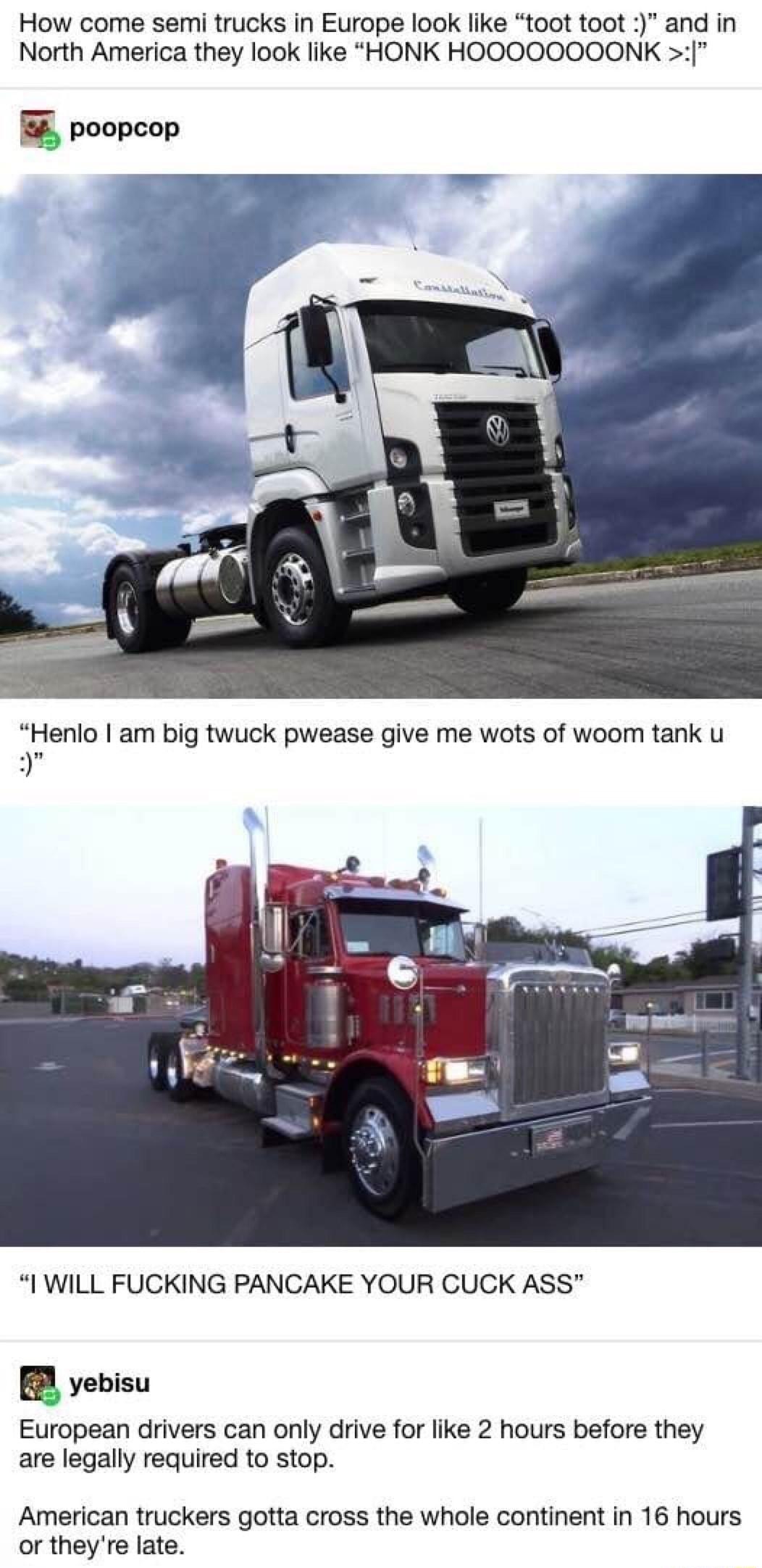 How come semi trucks in Europe look like toot toot and in North America they look like HONK HOOOOOOOONK poopcop Henlo am big twuck pwease give me wots of woom tank u 9 I WILL FUCKING PANCAKE YOUR CUCK ASS l yebisu European drivers can only drive for like 2 hours before they are legally required to stop American truckers gotta cross the whole continent in 16 hours or theyre late