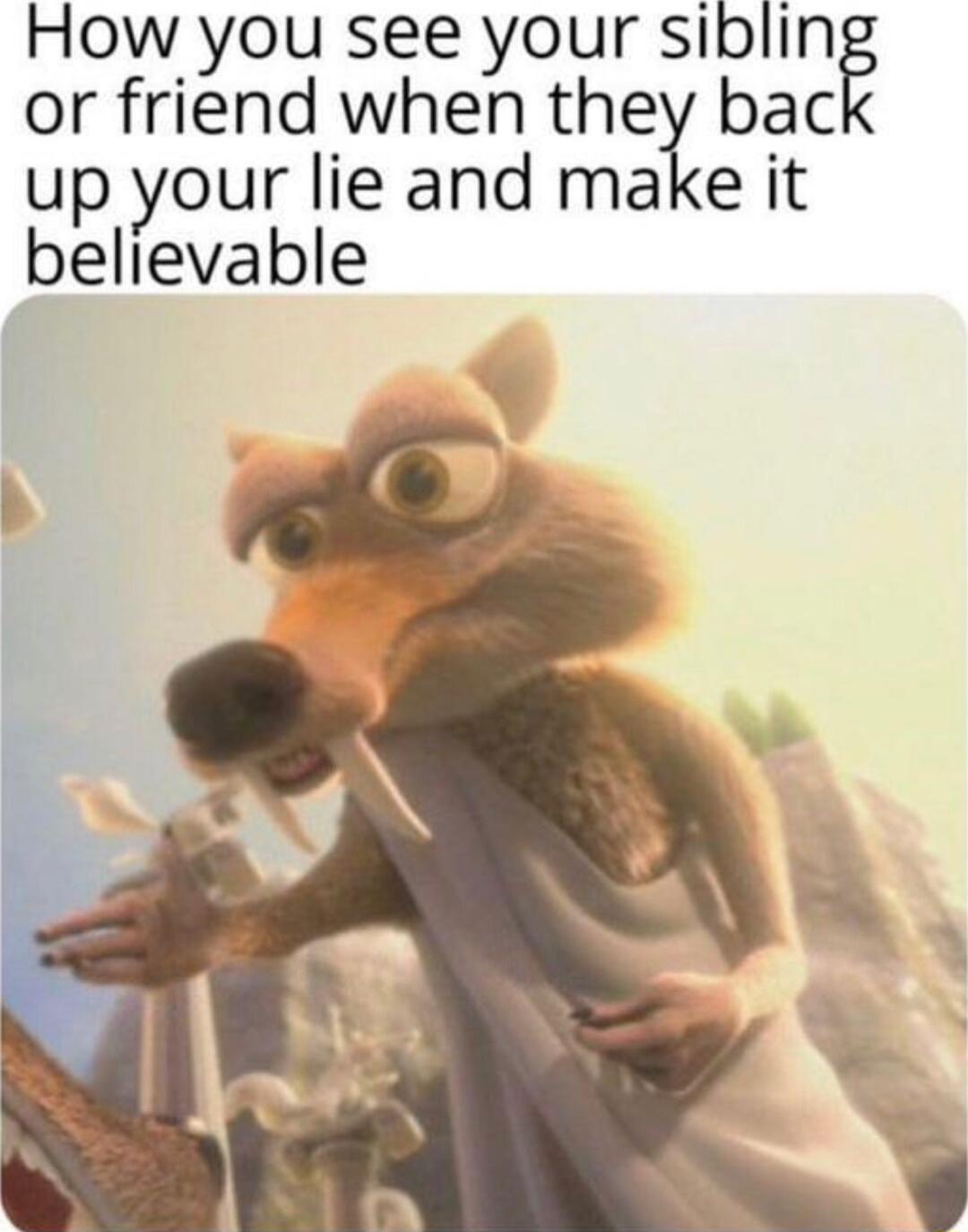 How you see your siblin or friend when they bac up your lie and make it believable