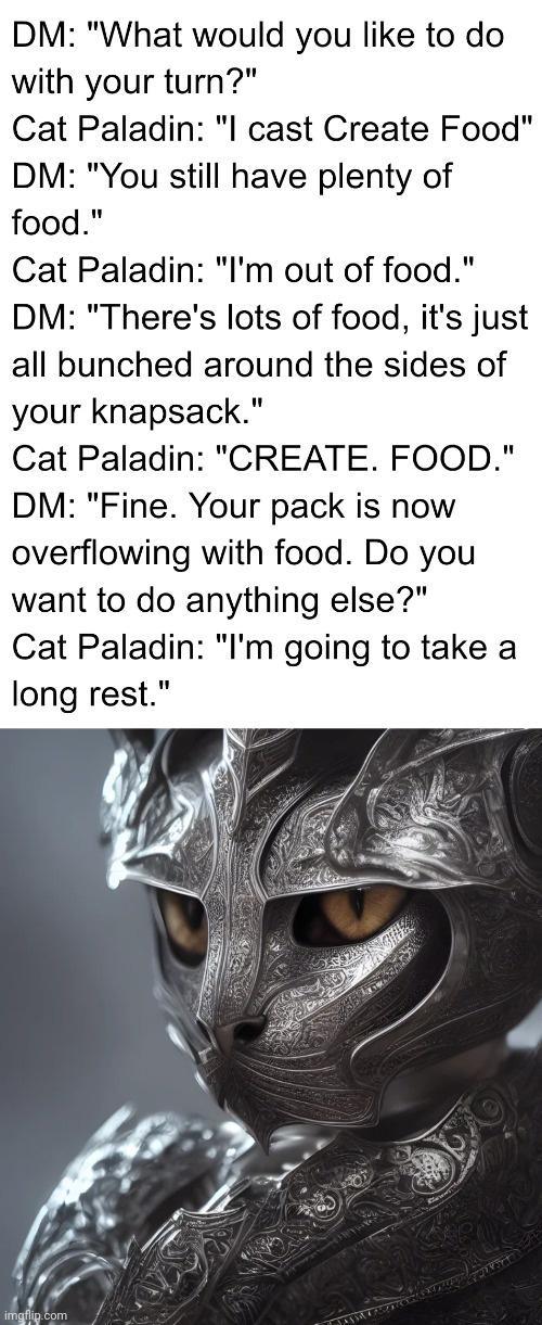 DM What would you like to do with your turn Cat Paladin l cast Create Food DM You still have plenty of food Cat Paladin Im out of food DM Theres lots of food its just all bunched around the sides of your knapsack Cat Paladin CREATE FOOD DM Fine Your pack is now overflowing with food Do you want to do anything else Cat Paladin Im going to take a long rest