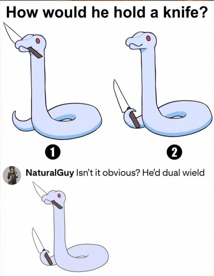 How would he hold a knife? 1 2 NaturalGuy Isn't it obvious? He'd dual wield