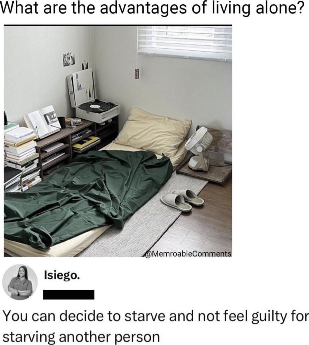 What are the advantages of living alone Isiego You can decide to starve and not feel guilty for starving another person