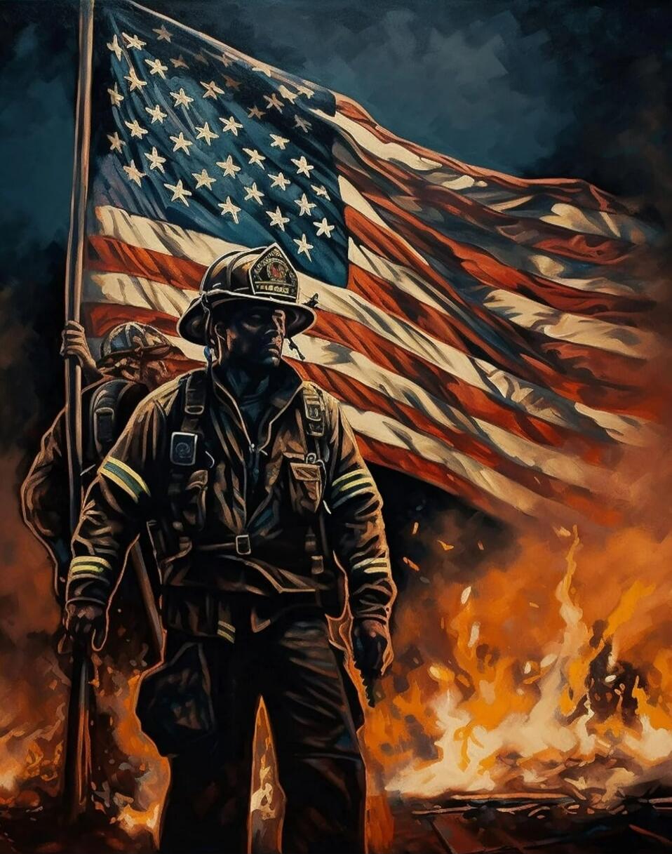 American firefighter holding a flag with a blazing background.