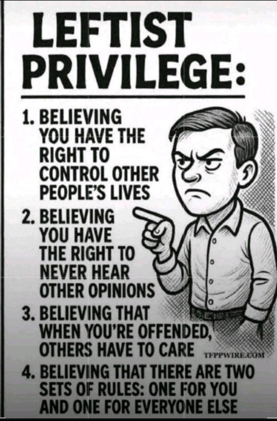 LEFTIST PRIVILEGE: 1. BELIEVING YOU HAVE THE RIGHT TO CONTROL OTHER PEOPLE'S LIVES 2. BELIEVING YOU HAVE THE RIGHT TO NEVER HEAR OTHER OPINIONS 3. BELIEVING THAT WHEN YOU'RE OFFENDED, OTHERS HAVE TO CARE 4. BELIEVING THAT THERE ARE TWO SETS OF RULES: ONE FOR YOU AND ONE FOR EVERYONE ELSE TFPPWIRE.COM
