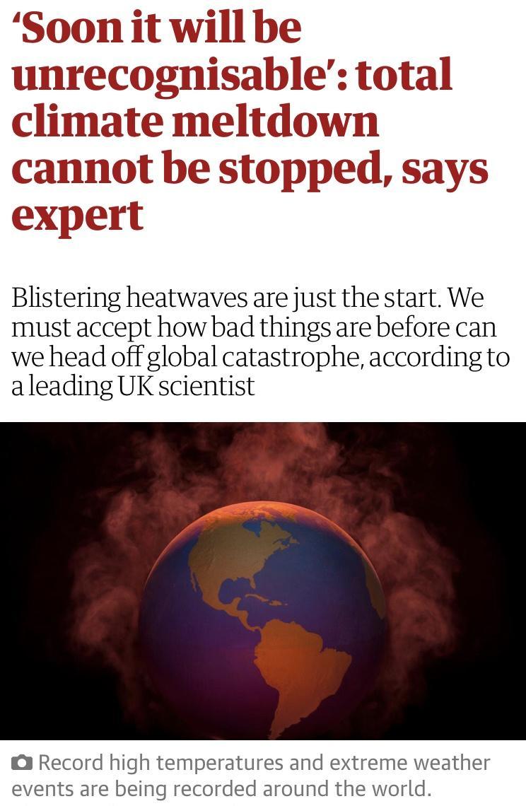 Soon it will be unrecognisable total climate meltdown cannot be stopped says expert Blistering heatwaves are just the start We must accept how bad things are before can we head off global catastrophe according to aleading UK scientist 01 Record high temperatures and extreme weather events are being recorded around the world