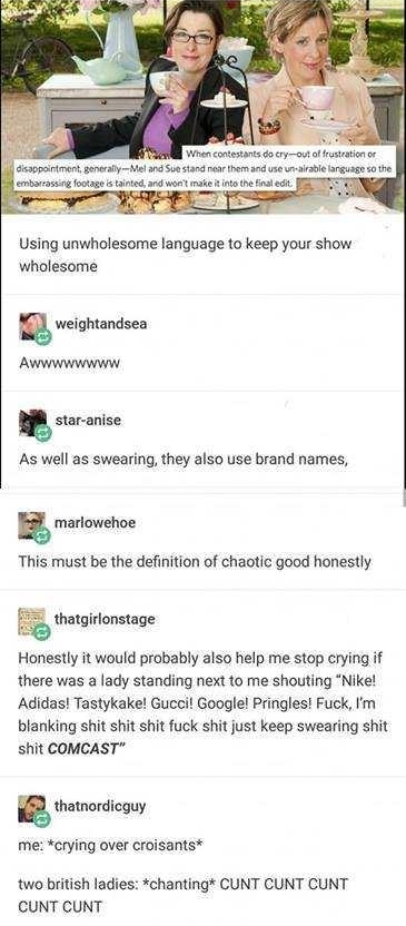 Using unwholesome language to keep your show wholesome As well as swearing they also use brand names marlowehoe This must be the definition of chaotic good honestly hatgirlonstage Honestly it would probably also help me stop crying if there was a lady standing next to me shouting Nike Adidas Tastykake Guccil Google Pringlest Fuck fm blanking shit shit shit fuck shit just keep swearing shit shit CO