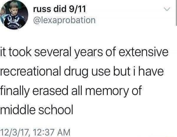 it took several years of extensive recreational drug use but i have finally erased all memory of middle school