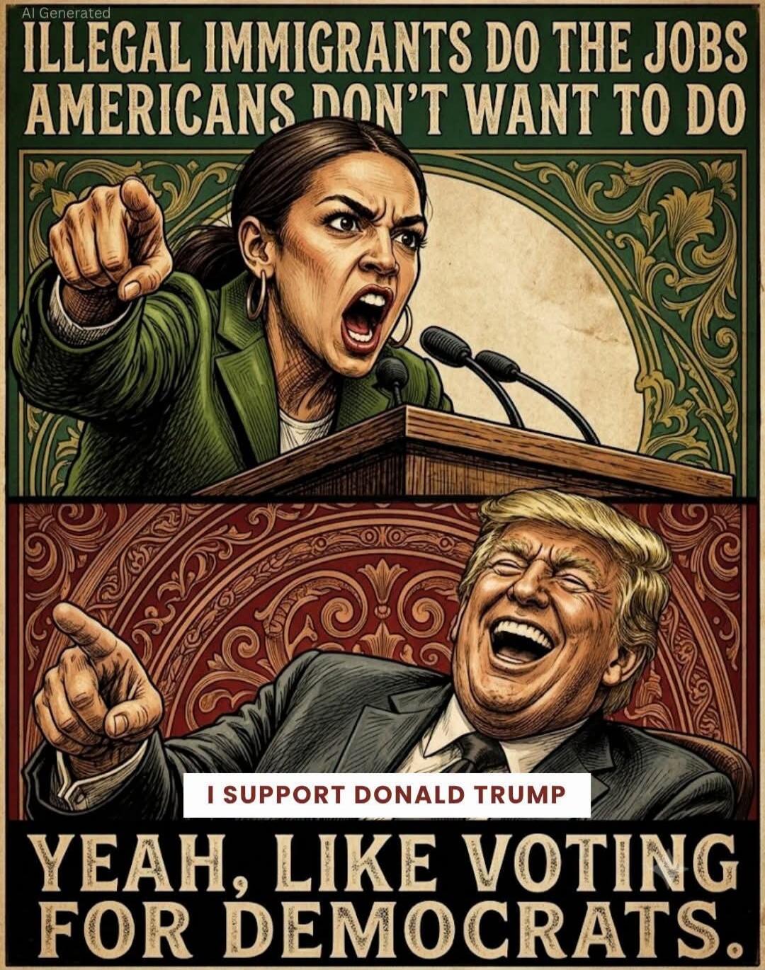 ILLEGAL IMMIGRANTS DO THE JOBS AMERICANS DON'T WANT TO DO. I SUPPORT DONALD TRUMP. YEAH, LIKE VOTING FOR DEMOCRATS.