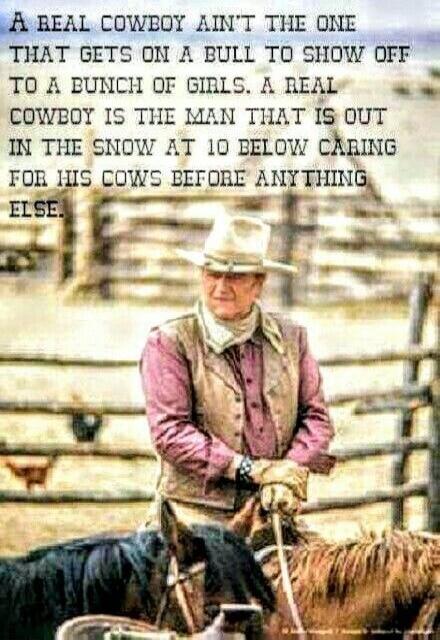 A REAL COWBOY AIN'T THE ONE THAT GETS ON A BULL TO SHOW OFF TO A BUNCH OF GIRLS. A REAL COWBOY IS THE MAN THAT IS OUT IN THE SNOW AT 10 BELOW CARING FOR HIS COWS BEFORE ANYTHING ELSE.