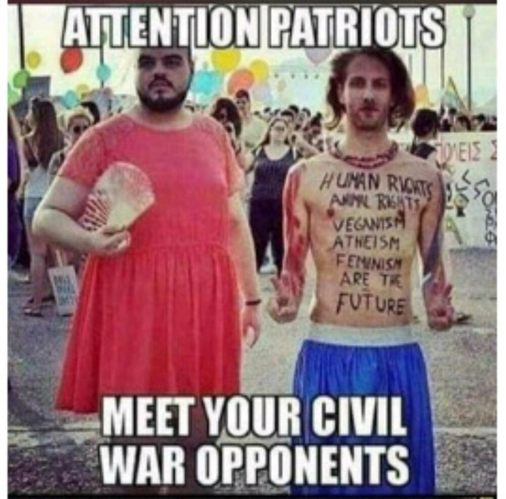 ATTENTION PATRIOTS
MEET YOUR CIVIL WAR OPPONENTS

Left person wearing a pink dress holding a bottle. Right person with tattooed torso saying: 
