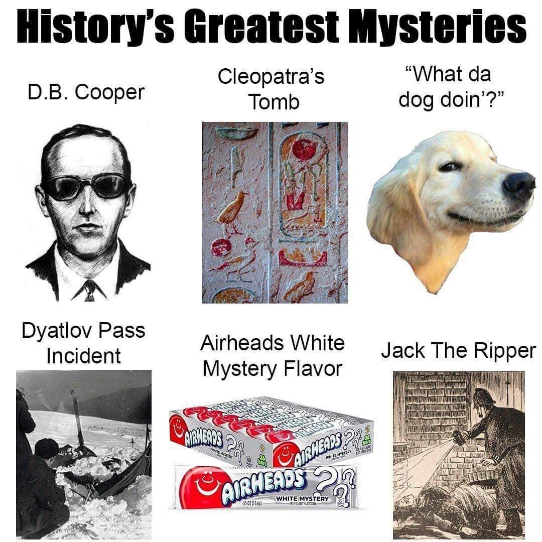 Cleopatras What da DB Cooper Tomb dog doin Dyatlov Pass Incident Airheads White jack The Ripper 1