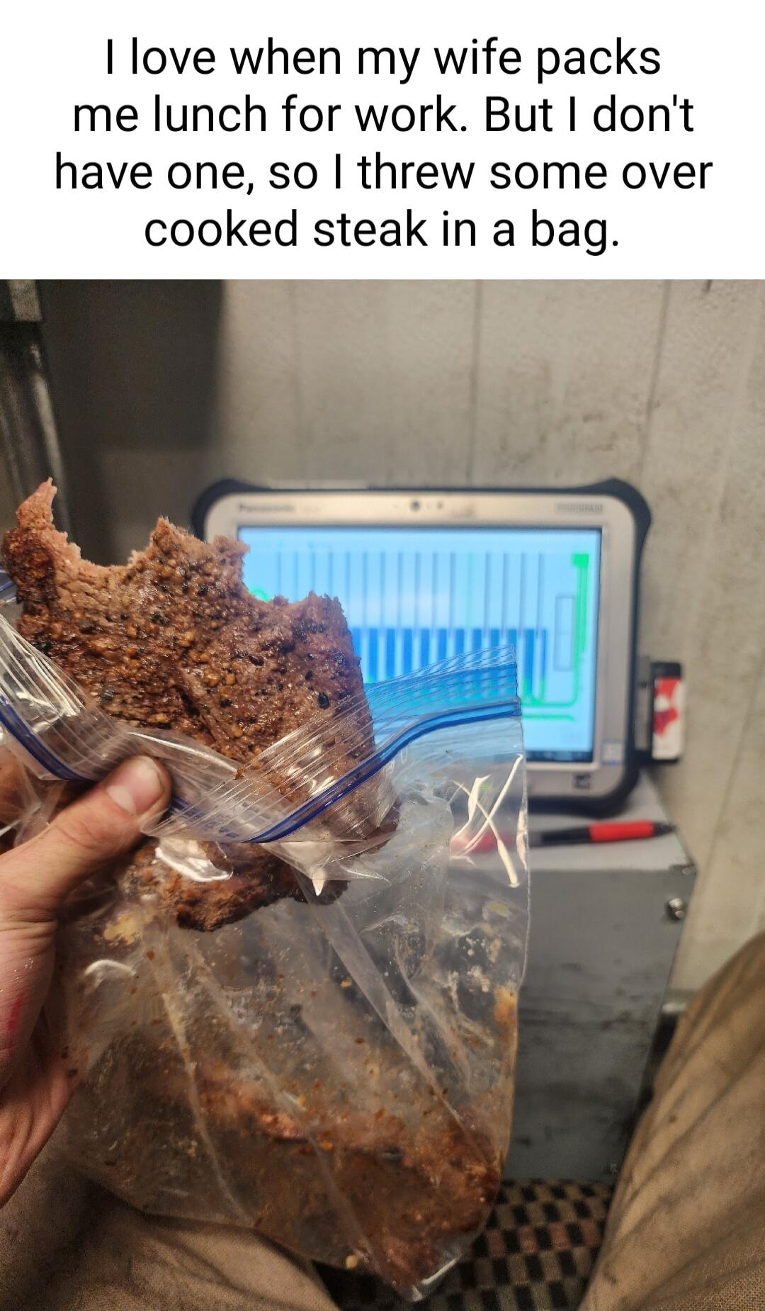 love when my wife packs me lunch for work But dont have one so threw some over cooked steak in a bag
