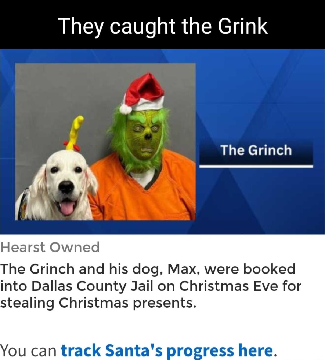 They caught the Grink The Grinch Hearst Owned The Grinch and his dog Max were booked into Dallas County Jail on Christmas Eve for stealing Christmas presents You can track Santas progress here