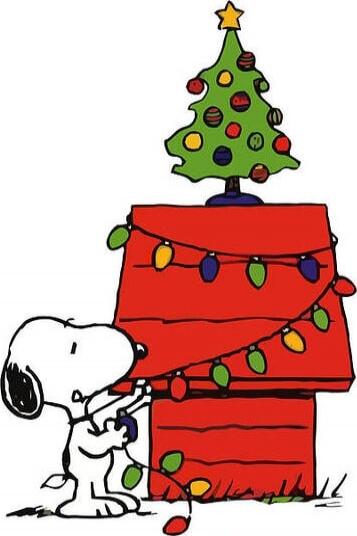 Snoopy decorating a Christmas tree with colorful lights.