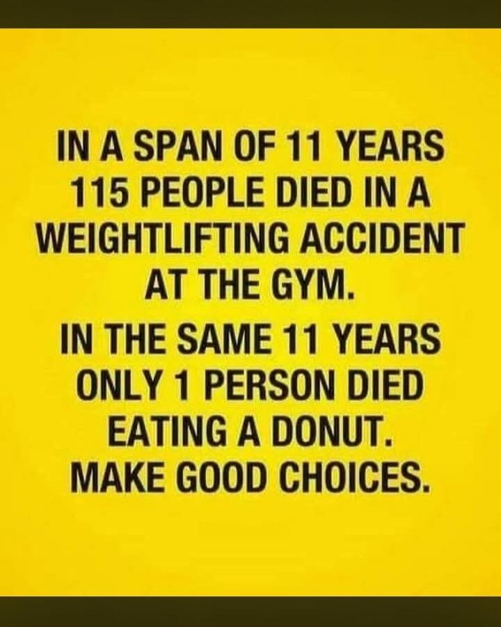 IN A SPAN OF 11 YEARS 115 PEOPLE DIED IN A WEIGHTLIFTING ACCIDENT AT THE GYM. IN THE SAME 11 YEARS ONLY 1 PERSON DIED EATING A DONUT. MAKE GOOD CHOICES.
