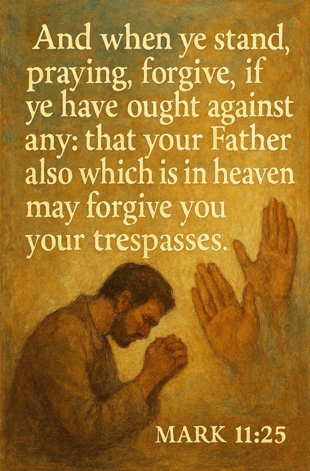 And when ye stand, praying, forgive, if ye have ought against any: that your Father also which is in heaven may forgive you your trespasses. MARK 11:25