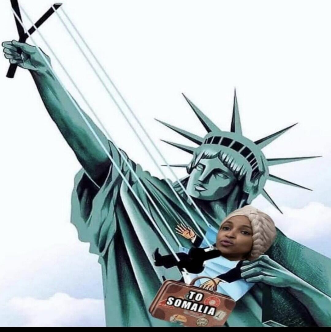 A collage showing the Statue of Liberty rescuing a person with a suitcase labeled 'TO SOMALIA'.