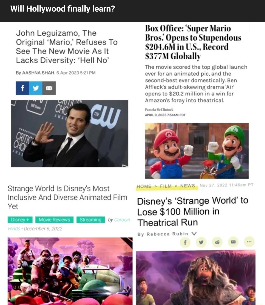 Will Hollywood finally leart BoxOffice Super M 1o Stupendous John Leguizamo The Original Mario Refuses To See The New Movie As It Lacks Diversity Hell No Strange World Is Disneys Most Inclusive And Diverse Animated Film Yet Disneys Strange World to Lose 100 Million in DT T DT Theatrical Run