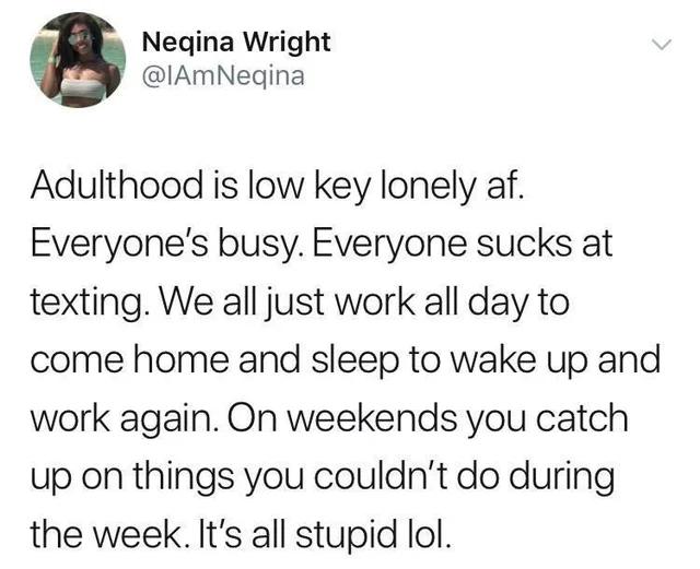 Negina Wright IAmNegina Adulthood is low key lonely af Everyones busy Everyone sucks at texting We all just work all day to come home and sleep to wake up and work again On weekends you catch up on things you couldnt do during the week Its all stupid lol