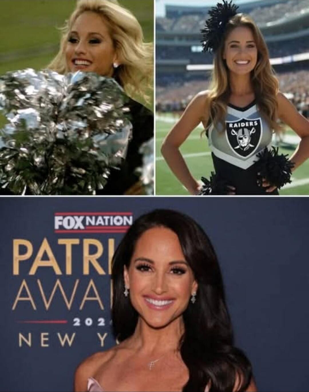 Collage featuring two Raiders cheerleaders in uniform and a female celebrity at the FOX Nation Patriot Awards backdrop.