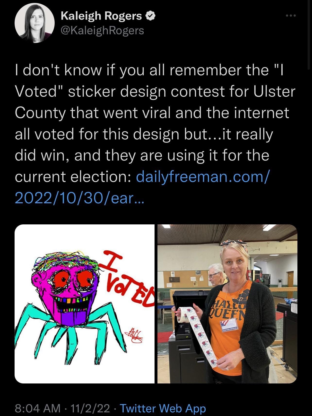 m Kaleigh Rogers KaleighRogers dont know if you all remember the I Voted sticker design contest for Ulster County that went viral and the internet all voted for this design butit really did win and they are using it for the current election dailyfreemancom 20221030ear 4 AM 11222 Twitter Web App 4594 Rety 520 Quot ts 29K Like