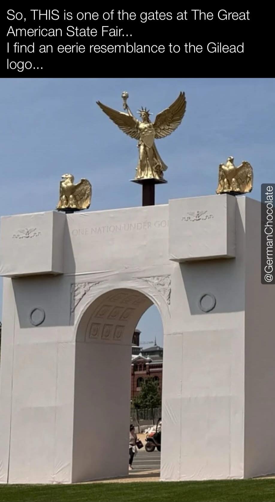 So, THIS is one of the gates at The Great American State Fair... I find an eerie resemblance to the Gilead logo... ONE NATION UNDER GOD @GermanChocolate