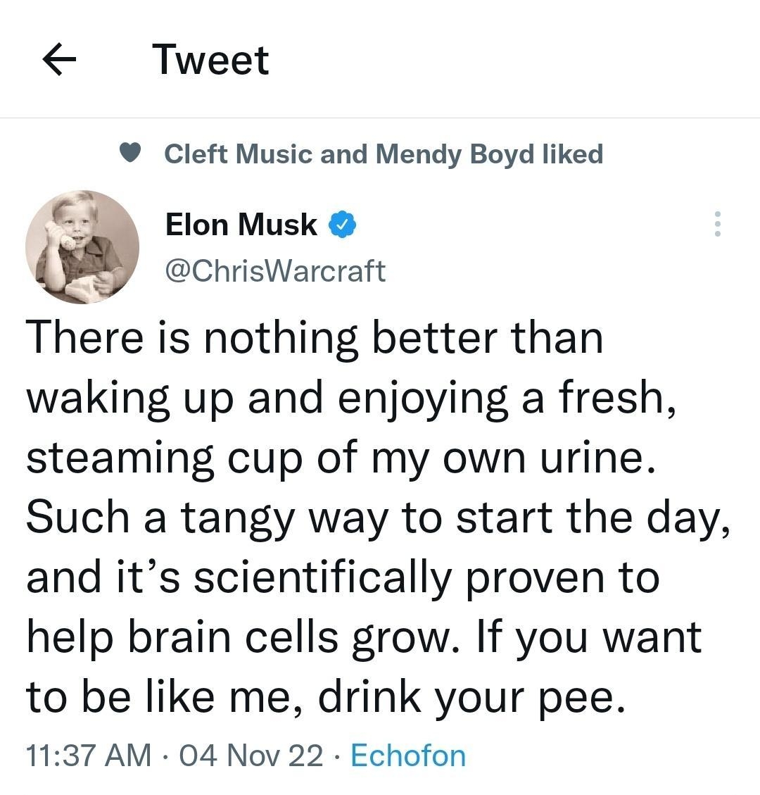 Tweet Cleft Music and Mendy Boyd liked Elon Musk ChrisWarcraft There is nothing better than waking up and enjoying a fresh steaming cup of my own urine Such a tangy way to start the day and its scientifically proven to help brain cells grow If you want to be like me drink your pee 1137 AM 04 Nov 22 Echofon 227K Retweets 3078 Quote Tweets 221K Likes
