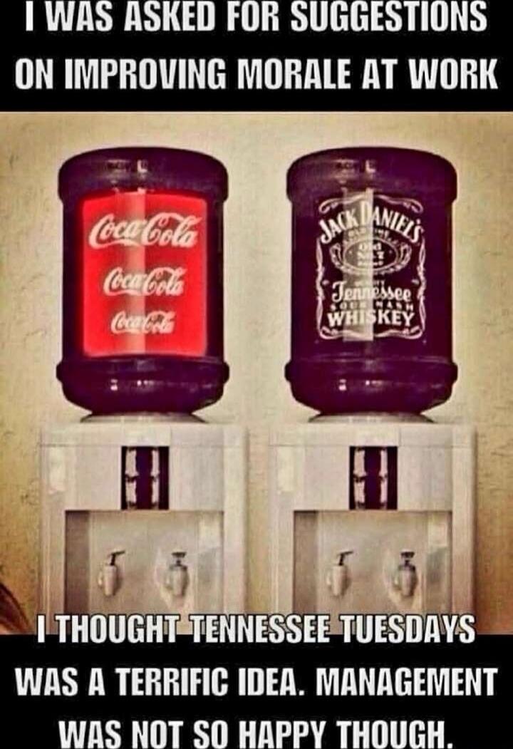 I WAS ASKED FOR SUGGESTIONS ON IMPROVING MORALE AT WORK. I THOUGHT TENNESSEE TUESDAYS WAS A TERRIFIC IDEA. MANAGEMENT WAS NOT SO HAPPY THOUGH. (On bottles: Coca-Cola, Jack Daniel's Tennessee Sour Mash Whiskey)