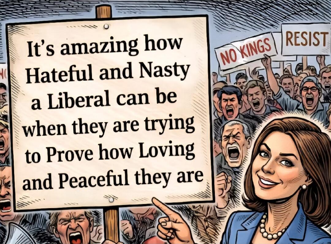It's amazing how Hateful and Nasty a Liberal can be when they are trying to Prove how Loving and Peaceful they are. Signs in the background say 'NO KINGS' and 'RESIST'.