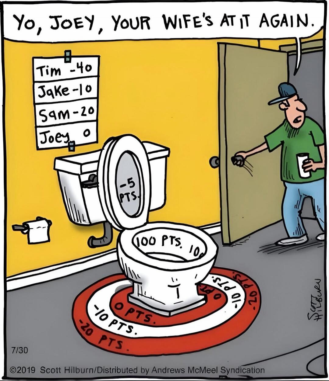 Yo, Joey, your wife's at it again.
Tim -40
Jake -10
Sam -20
Joey 0
-5 PTS
100 PTS