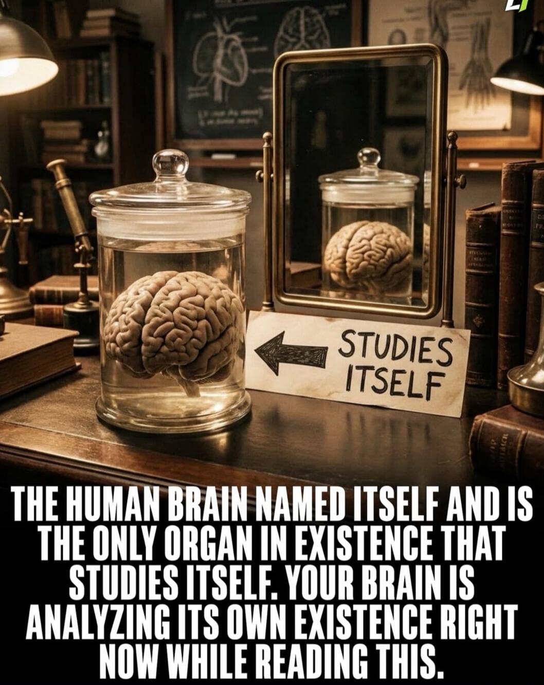 THE HUMAN BRAIN NAMED ITSELF AND IS THE ONLY ORGAN IN EXISTENCE THAT STUDIES ITSELF. YOUR BRAIN IS ANALYZING ITS OWN EXISTENCE RIGHT NOW WHILE READING THIS.