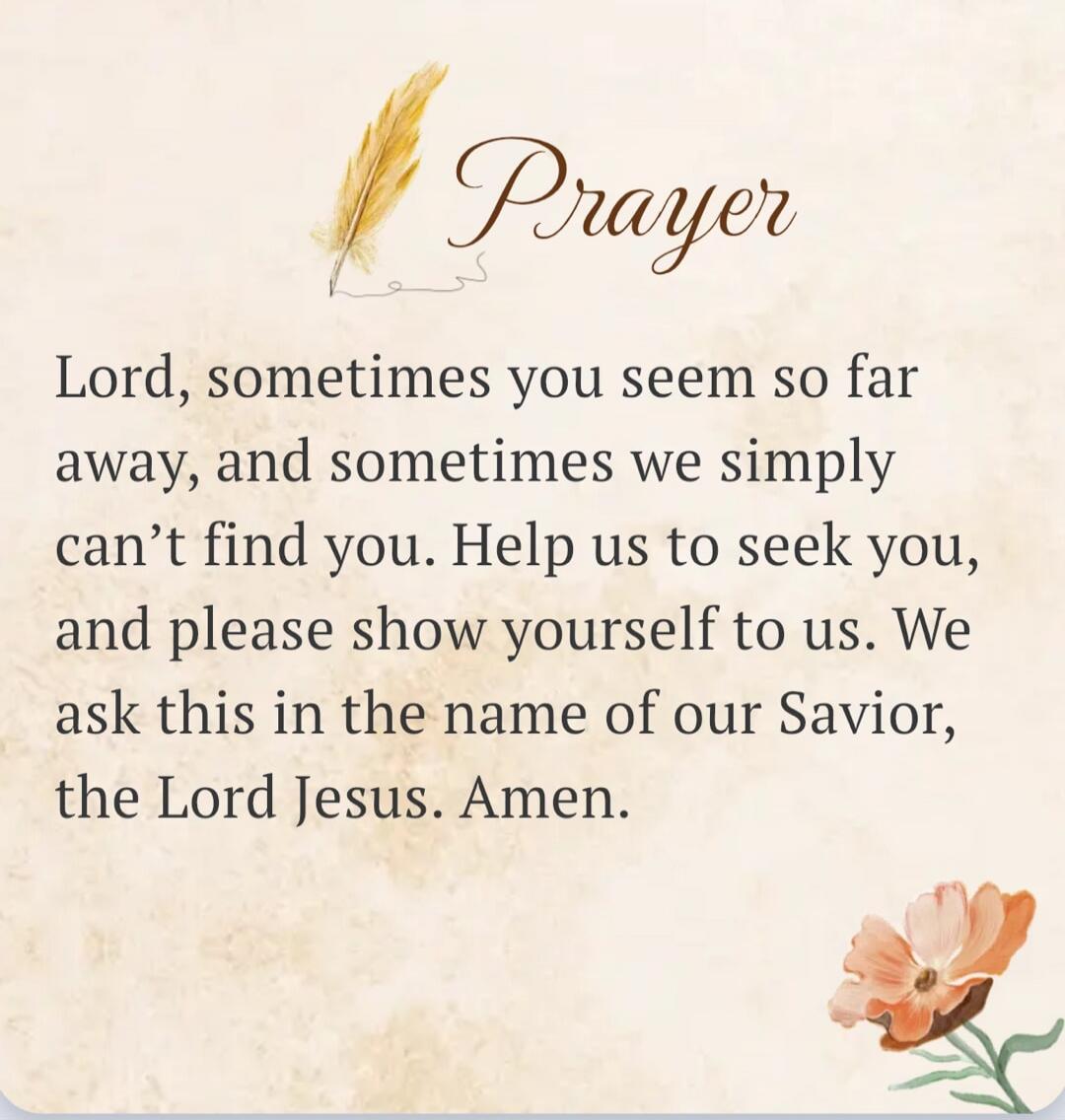 Prayer
Lord, sometimes you seem so far away, and sometimes we simply can't find you. Help us to seek you, and please show yourself to us. We ask this in the name of our Savior, the Lord Jesus. Amen.