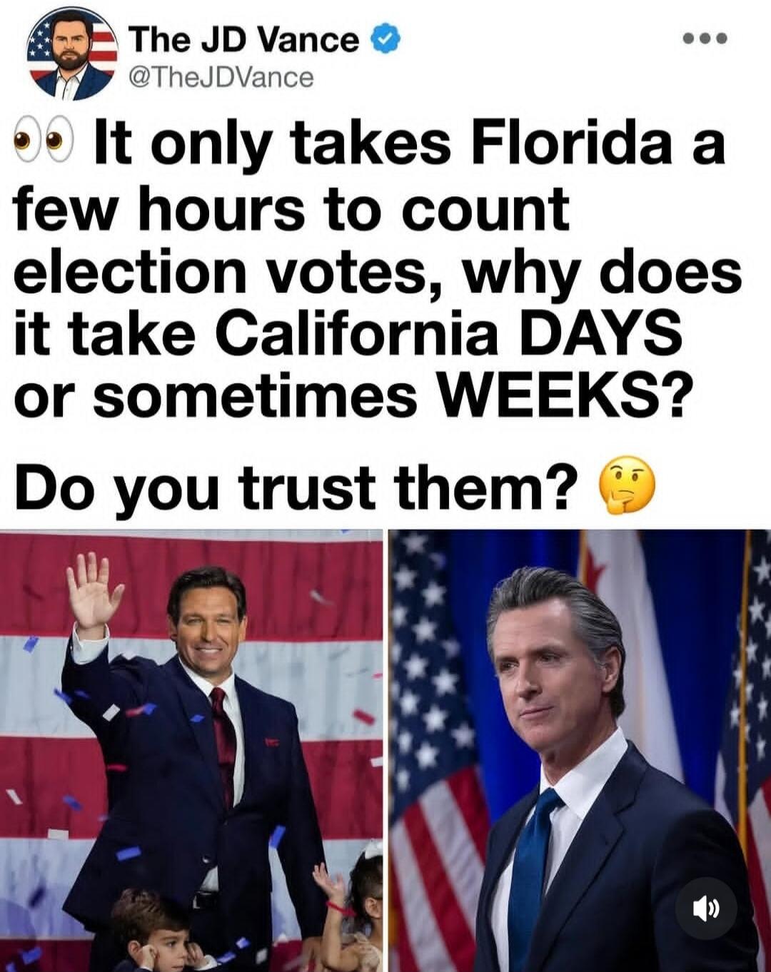 The JD Vance @TheJDVance It only takes Florida a few hours to count election votes, why does it take California DAYS or sometimes WEEKS? Do you trust them? The image shows Ron DeSantis and Gavin Newsom.