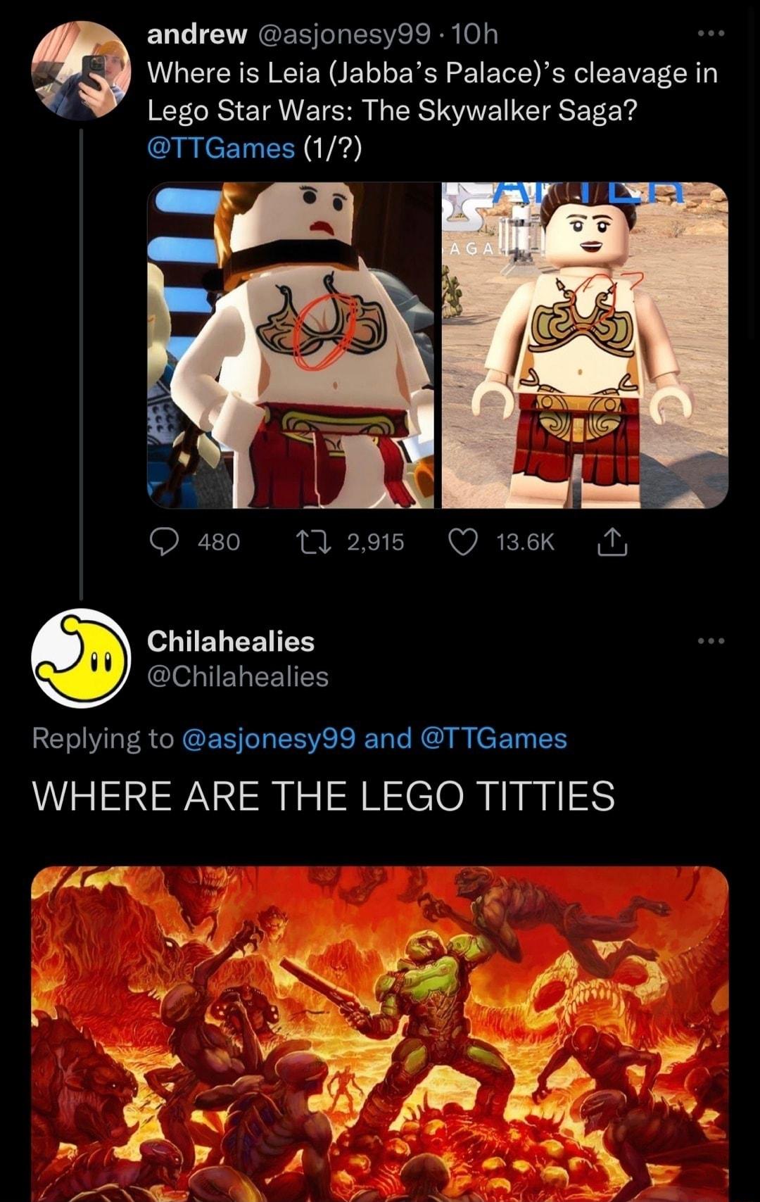 andrew asjonesy99 10h Where is Leia Jabbas Palaces cleavage in Lego Star Wars The Skywalker Saga TTGames 1 Qa0 2 O wek e HELEEIES Gl TTELEEIEN Replying to asjonesy99 and TTGames WHERE ARE THE LEGO TITTIES ghg y