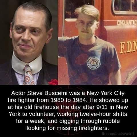 Actor Steve Buscemi was a New York City fire fighter from 1980 to 1984 He showed up at his old firehouse the day after 911 in New York to volunteer working twelve hour shifts for a week and digging through rubble looking for missing firefighters