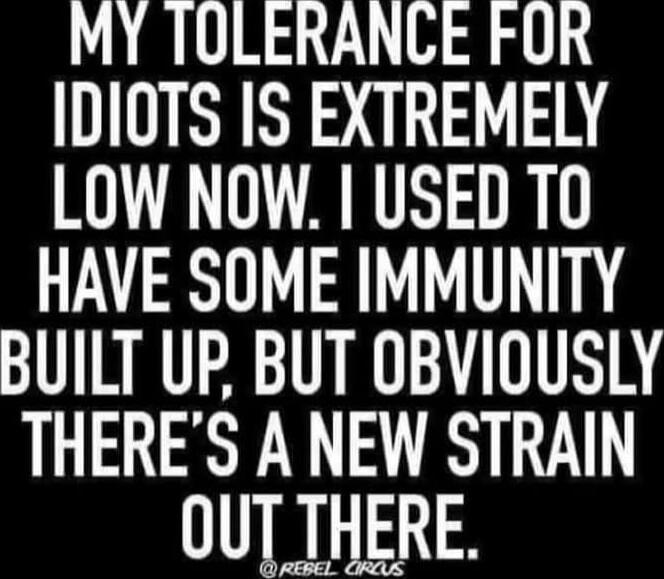 MY TOLERANCE FOR IDIOTS IS EXTREMELY LOW NOW. I USED TO HAVE SOME IMMUNITY BUILT UP, BUT OBVIOUSLY THERE'S A NEW STRAIN OUT THERE.