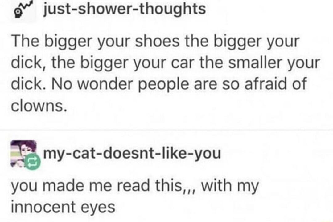 just shower thoughts The bigger your shoes the bigger your dick the bigger your car the smaller your dick No wonder people are so afraid of clowns gmycax doesntlikeyou you made me read this with my innocent eyes
