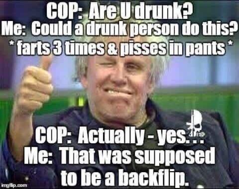 COP: Are U drunk? Me: Could a drunk person do this? * farts 3 times & pisses in pants * COP: Actually - yes... Me: That was supposed to be a backflip.