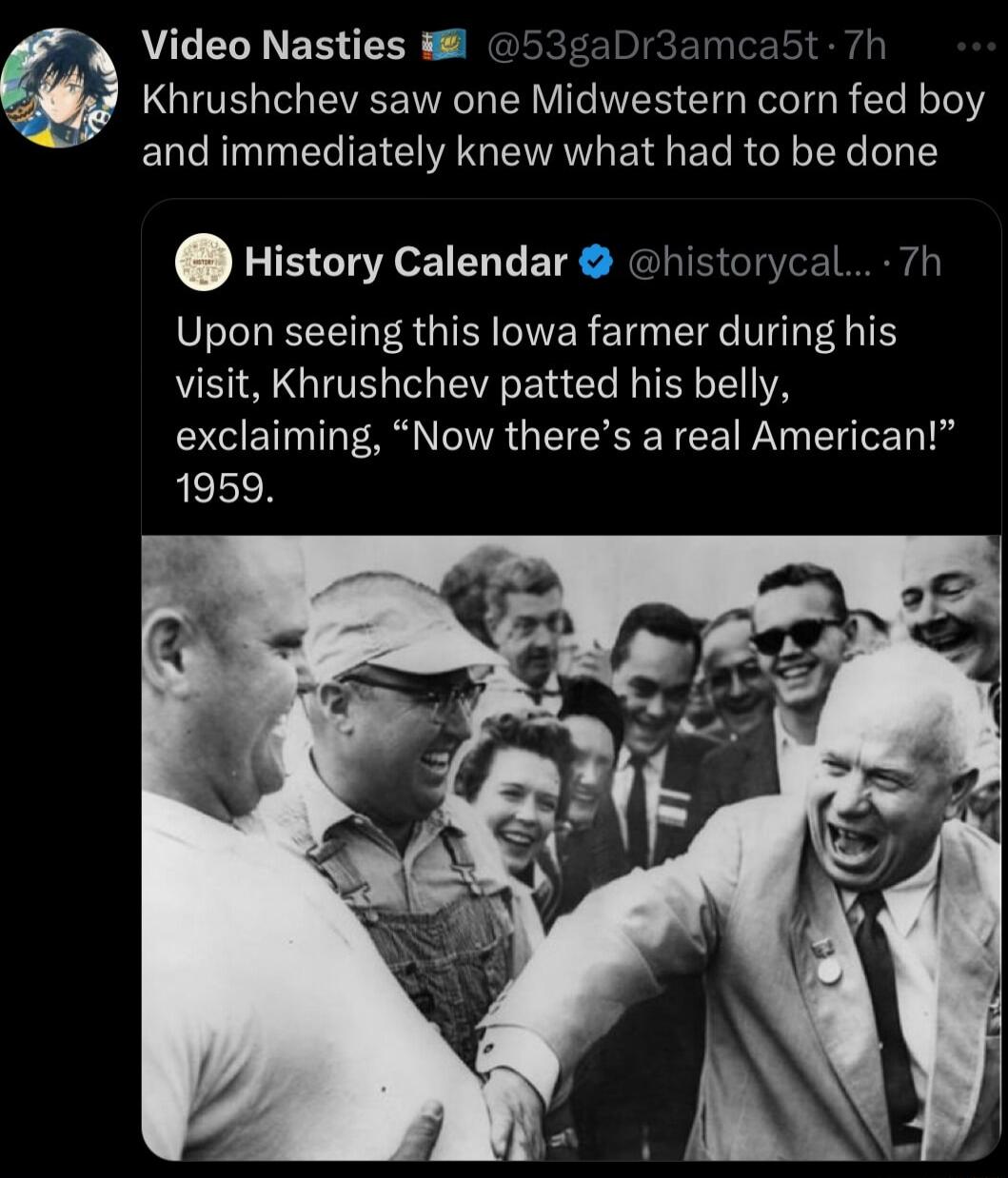 VCELNEREEE Dr3amca h QUG EVEE IR BNV NS CIGEIGR CL I 1 and immediately knew what had to be done Historycalendar historycal 7h Upon seeing this lowa farmer during his VB A QUG EENEL LA exclaiming Now theres a real American 1959