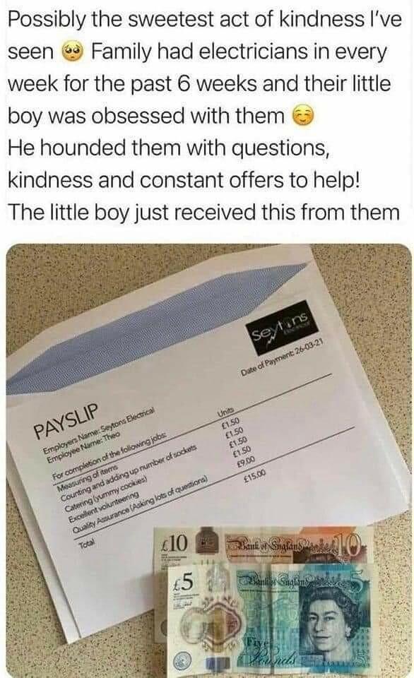 Possibly the sweetest act of kindness Ive seen Family had electricians in every week for the past 6 weeks and their little boy was obsessed with them He hounded them with questions kindness and constant offers to help The little boy just received this from them