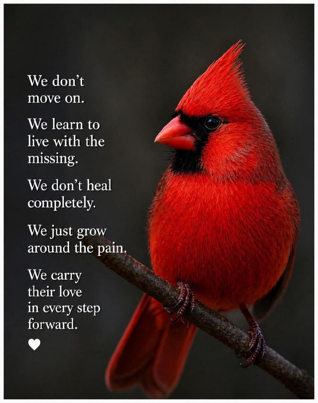 We don't move on. We learn to live with the missing. We don't heal completely. We just grow around the pain. We carry their love in every step forward.