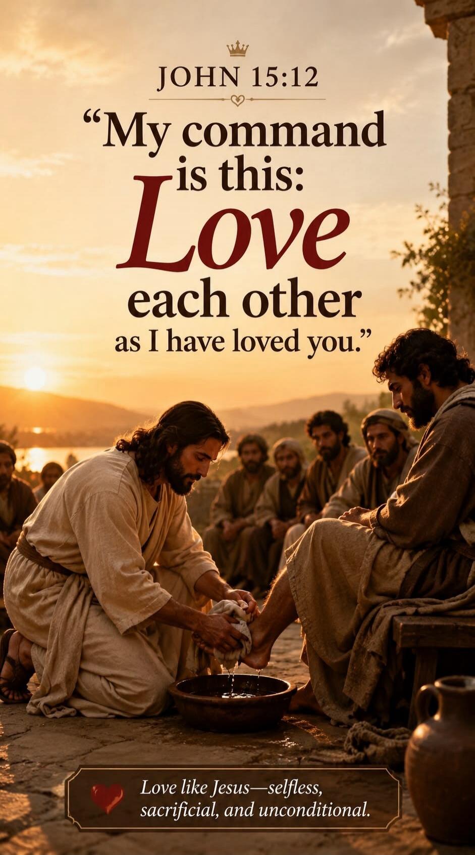 JOHN 15:12 “My command is this: Love each other as I have loved you.” Love like Jesus—selfless, sacrificial, and unconditional.