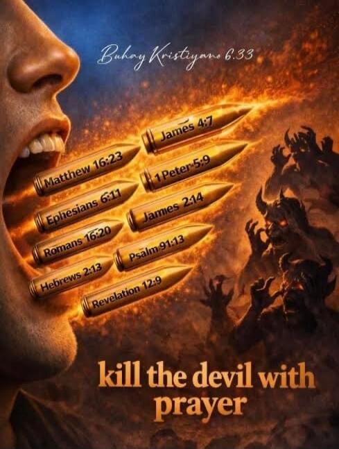 Buhay Kristiyano 6:33. Matthew 16:23, Ephesians 6:11, Romans 16:20, Hebrews 2:13, James 4:7, 1 Peter 5:9, James 2:14, Psalm 91:13, Revelation 12:9. Kill the devil with prayer.