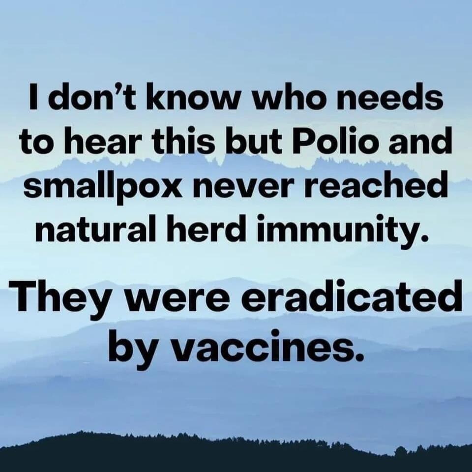 I don't know who needs to hear this but Polio and smallpox never reached natural herd immunity. They were eradicated by vaccines.