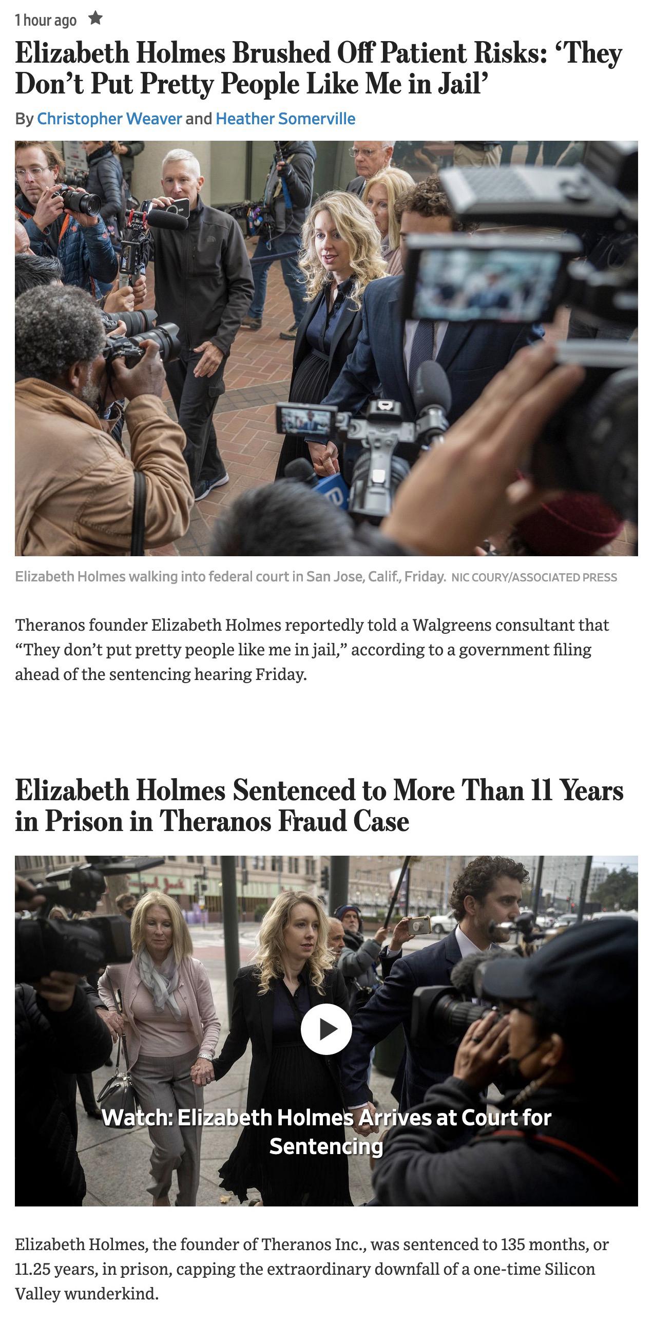 Thaurago Elizabeth Holmes Brushed Off Patient Risks Dont Put Pretty People Like Me in Jail They dont put pretty people like me n ja ahead of the sentencing hearing Friday Elizabeth Holmes Sentenced to More Than 11 Years in Prison in Theranos Fraud C eLL