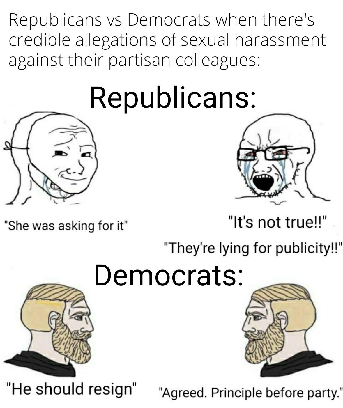 Republicans vs Democrats when theres credible allegations of sexual harassment against their partisan colleagues Republicans She was asking for it Its not true Theyre lying for publicity Democrats He should resign agreed Principle before party