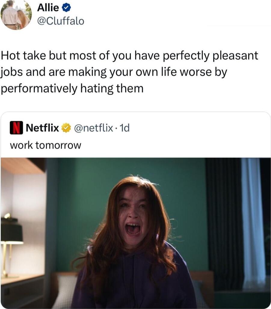 L5 Allie oy cuffalo Hot take but most of you have perfectly pleasant jobs and are making your own life worse by performatively hating them l Netflix netflix 1d work tomorrow