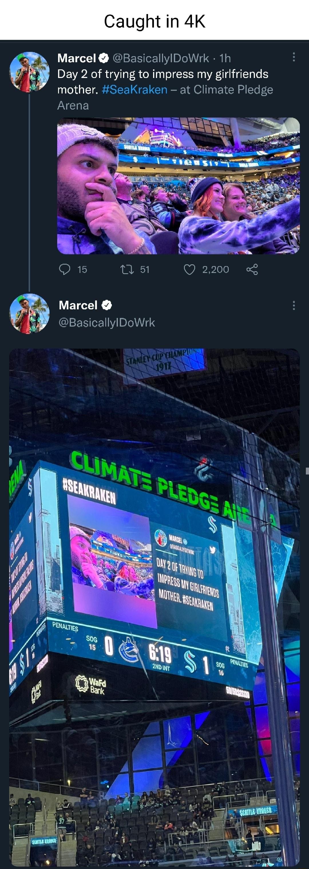 Caught in 4K Marcel BasicallylDoWrk 1h Day 2 of trying to impress my girlfriends mother SeaKraken at Climate Pledge Arena Marcel BasicallylDoWrk
