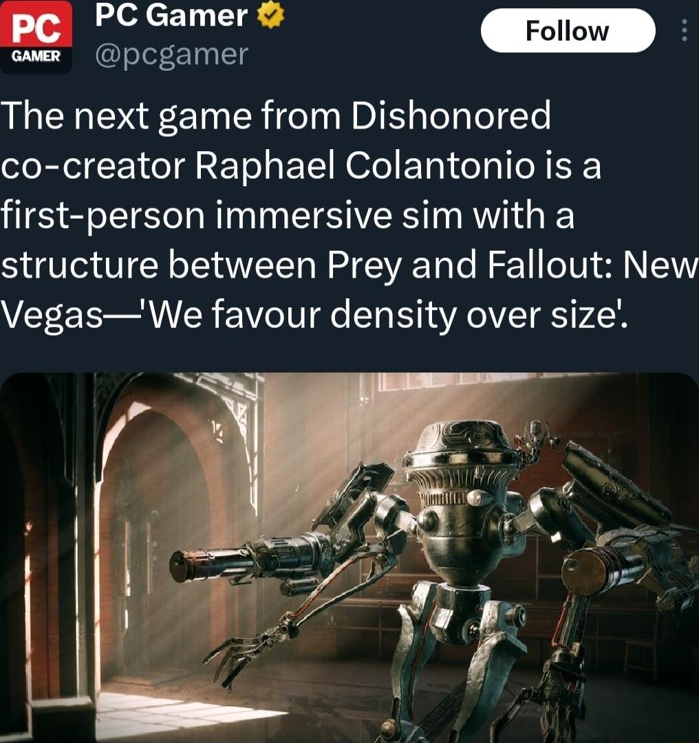 PC Gamer o pcgamer The next game from Dishonored co creator Raphael Colantonio is a first person immersive sim with a structure between Prey and Fallout New Vegas We favour density over size